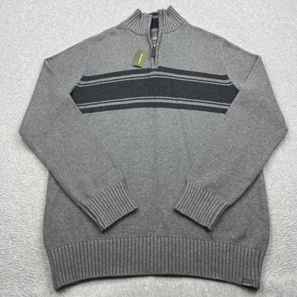 NEW Eddie Bauer Ski Sweater Mens Medium Gray Striped 1/4 Zip Mock Neck Pullover